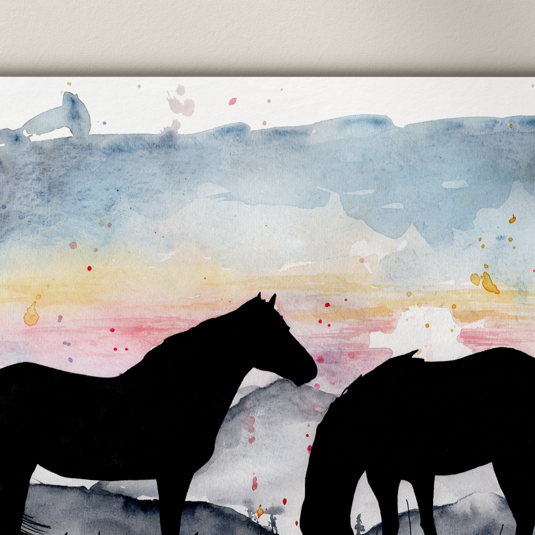 Abstract art print with black and gray shapes on a watercolor background