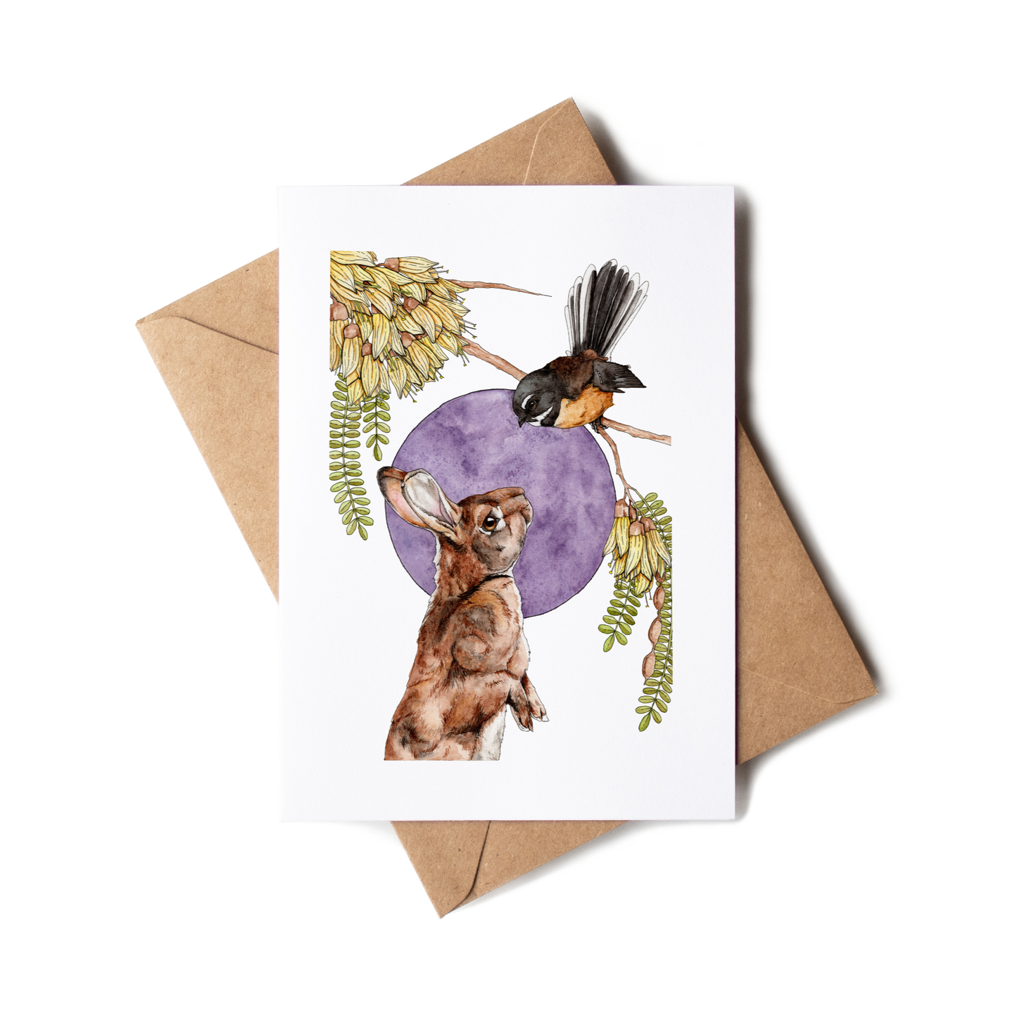 Greeting card with a rabbit and bird illustration on a white background