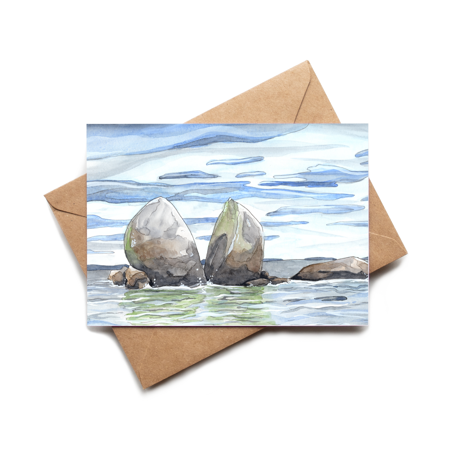 Greeting card with watercolor illustration of two rocks in the water, featuring a brown envelope.