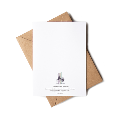 White card with a small illustration on a brown envelope against a white background