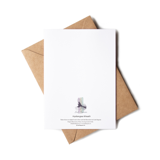 White card with product image and text on a brown envelope against a white background