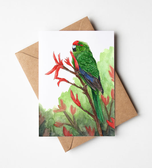 Kākāriki on Harakeke Greeting Card