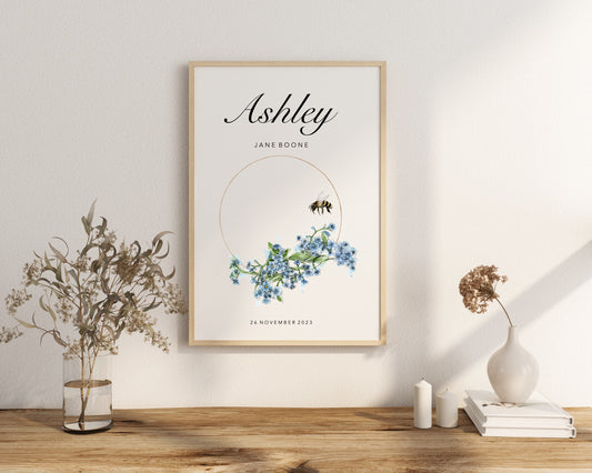 Personalised Forget-me-not & Bee Print