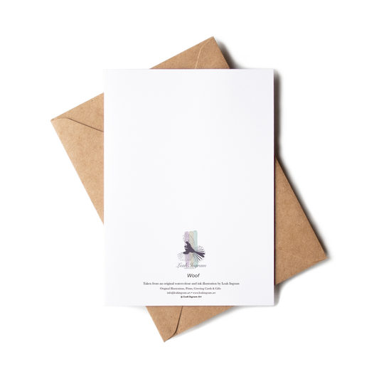 White card with a printed design on a brown envelope against a white background