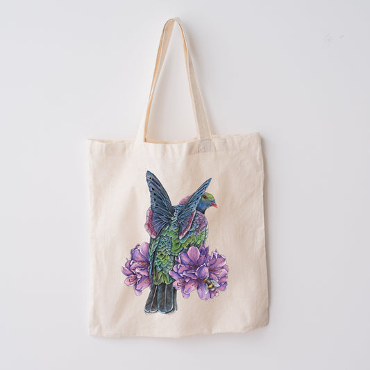 Kererū on Rhododendron Tote Bag